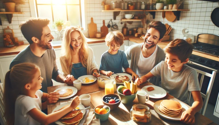 Familia desayunando junta con rutinas saludables para niños