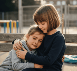 El valor de consolar: desarrollo de la empatía en niños en acción Niña consolando a su amiga como ejemplo del desarrollo de la empatía en niños