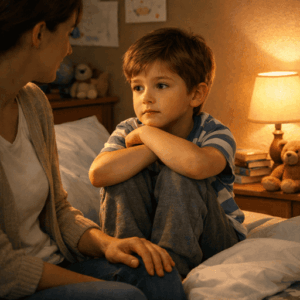 Niño mostrando señales de ansiedad infantil en un entorno familiar