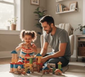 Padre jugando de forma consciente con su hija en casa para fortalecer el vínculo emocional