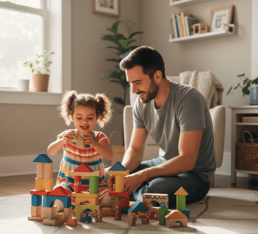 Padre jugando de forma consciente con su hija en casa para fortalecer el vínculo emocional