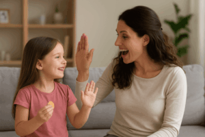 Madre motivando a su hija con refuerzo positivo en casa