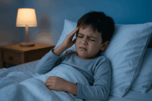 Niño acostado sin poder dormir debido a dificultades para conciliar el sueño infantil