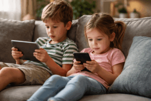 Niños pequeños utilizando dispositivos electrónicos en un ambiente familiar