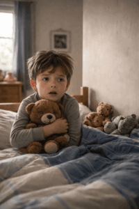 Niño expresando miedo infantil en un entorno familiar y seguro